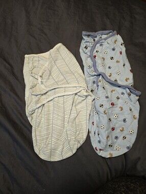 Swaddle Set - Light Blue Striped & Sports Print Size Small